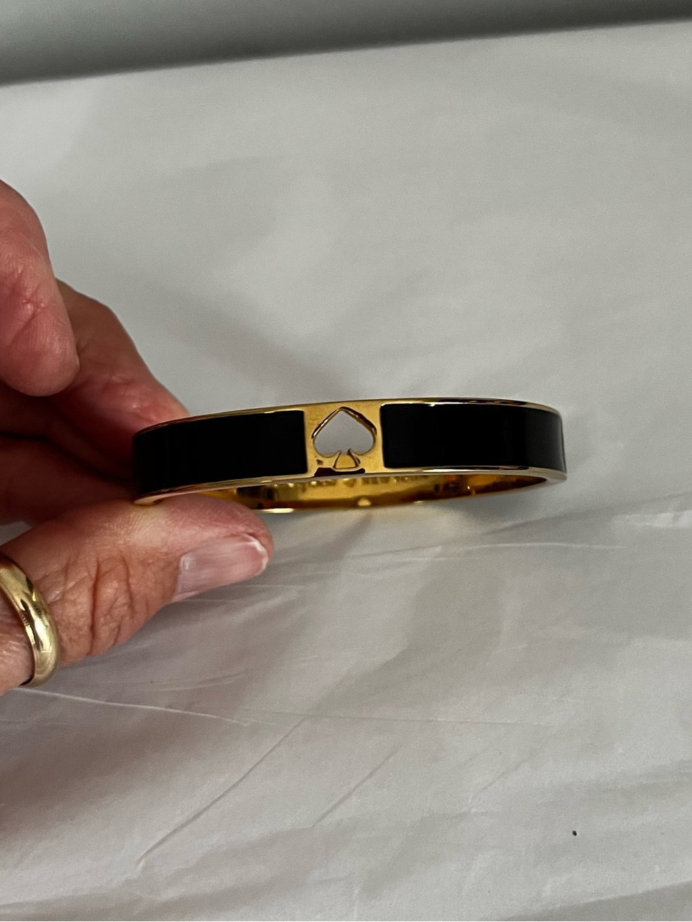 Kate Spade Black Enamel Hole Punch Spade Hinged Bracelet